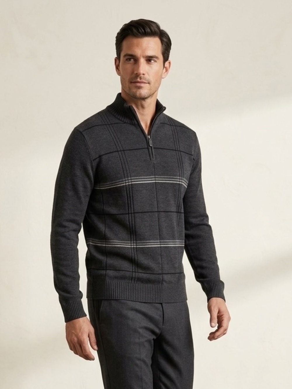 Oscar de la Renta Men’s Charcoal Gray Striped Quarter Zip-Neck Sweater Knit
